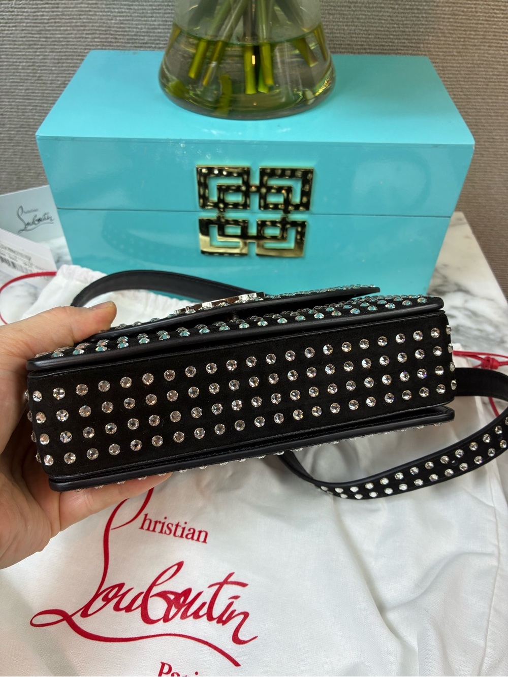 Christian Louboutin Loubi54 Crystal Studded Black Suede Strass Shoulder Bag NWT - Picture 8 of 13